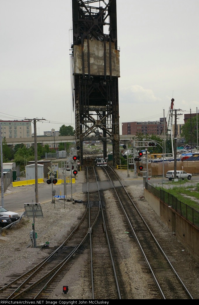 Railroad bridge up for river traffic