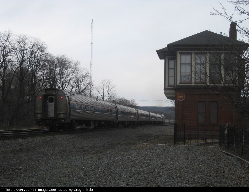 The westbound Pennsylvanian heads past HUNT Tower heading towards Tyrone