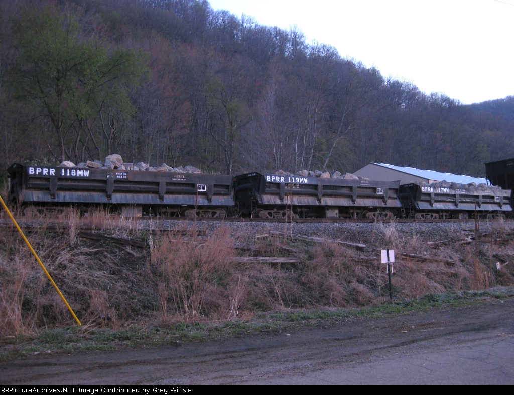 Three BPRR side dump cars sit at the end of Warren Yard
