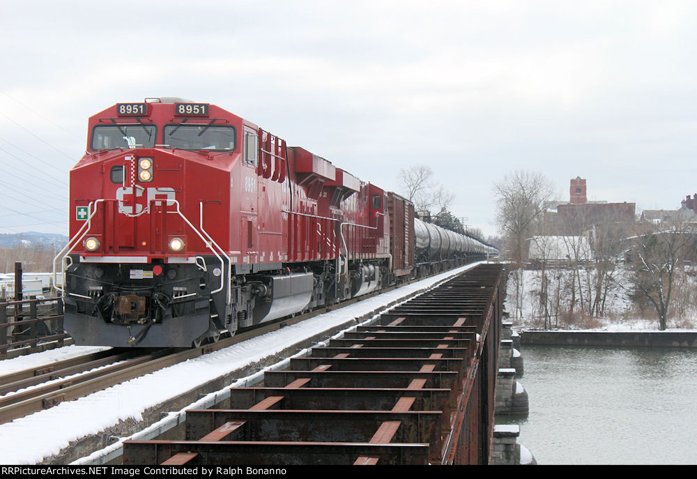 Northbound empty CP ethanol train crosses the Mohawk  River on a dreary afternoon
