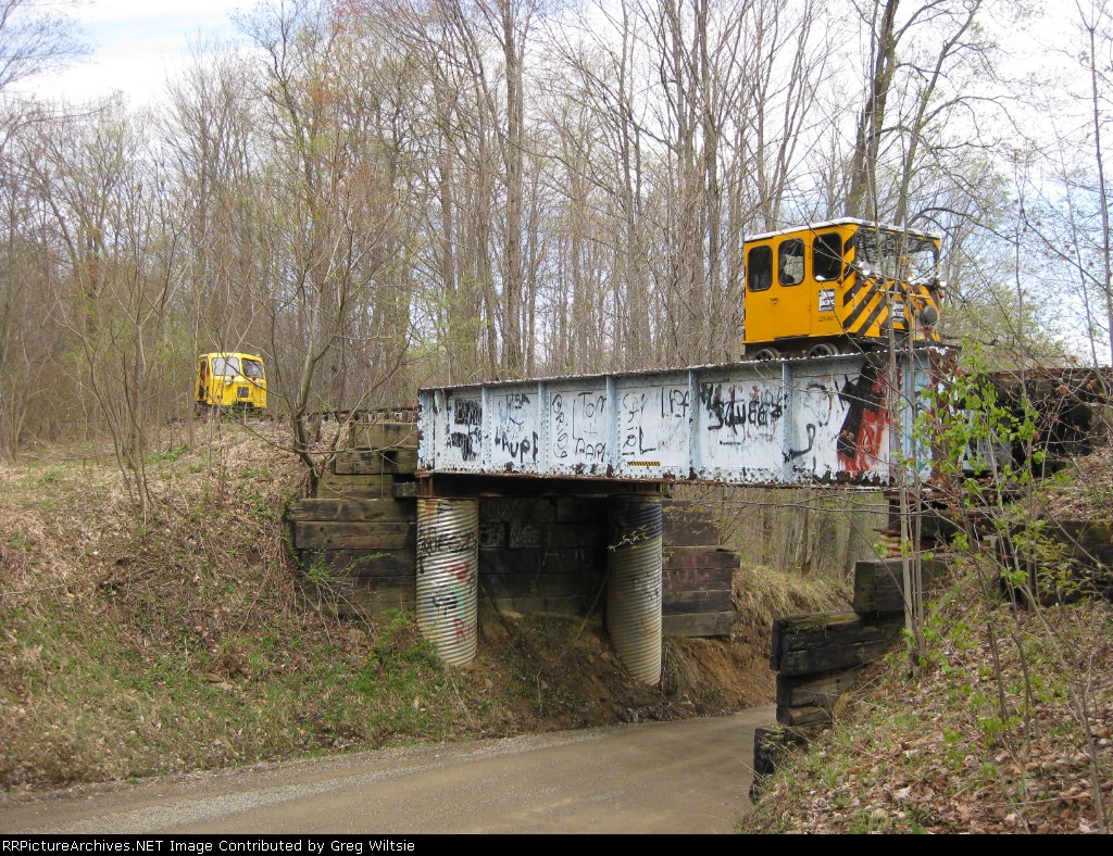One of the Union Pacific cars heads over the bridge