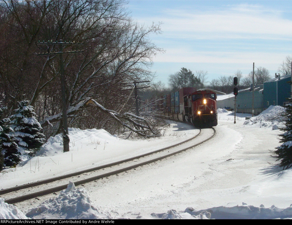 Q199 slaloms through town after a re-crew
