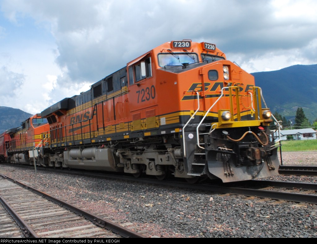 BNSF 7230 leads a westbound grain train towards Whitefish, Mt for a new crew for its run west.