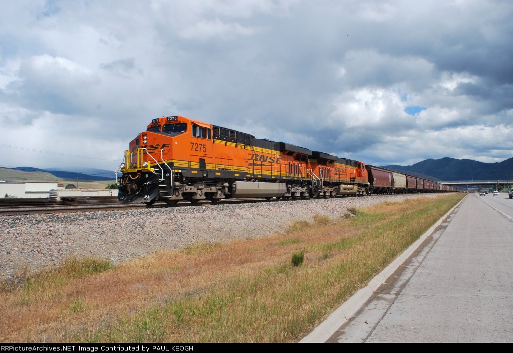 BNSF 7275 waits to pull west with a loaded Grain train.