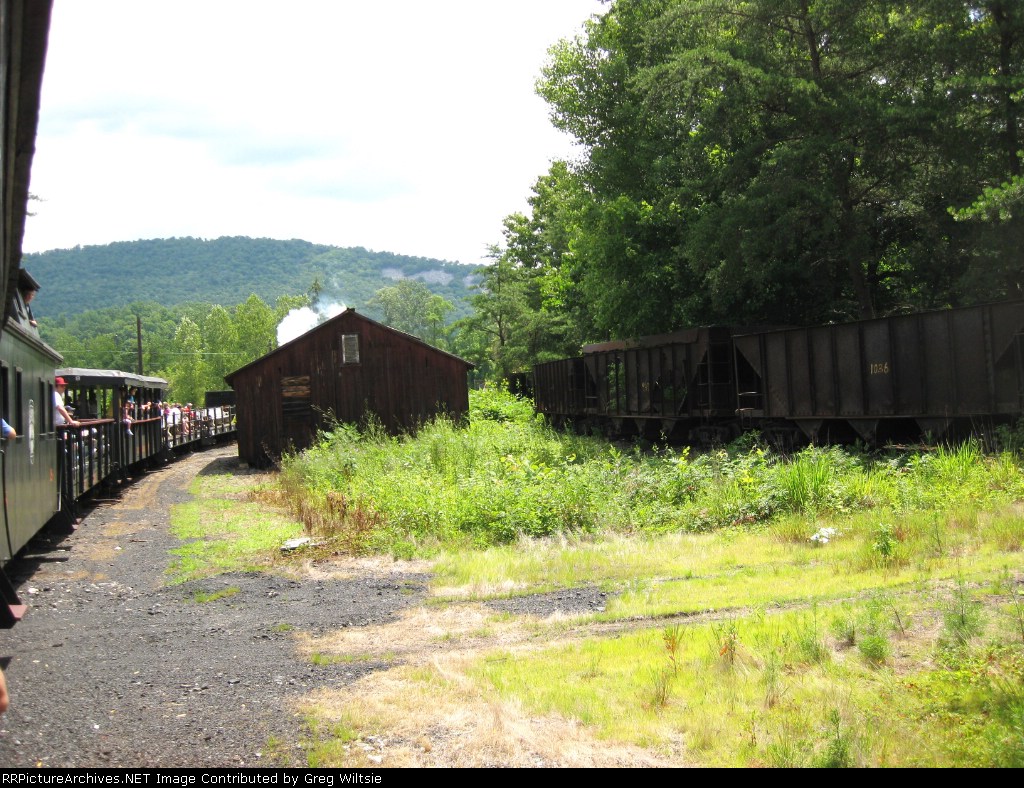 Some old hoppers in serious need of repair watch on as the train passes