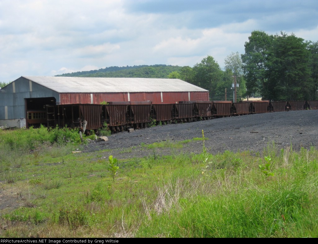 A line of hoppers that have seen better days