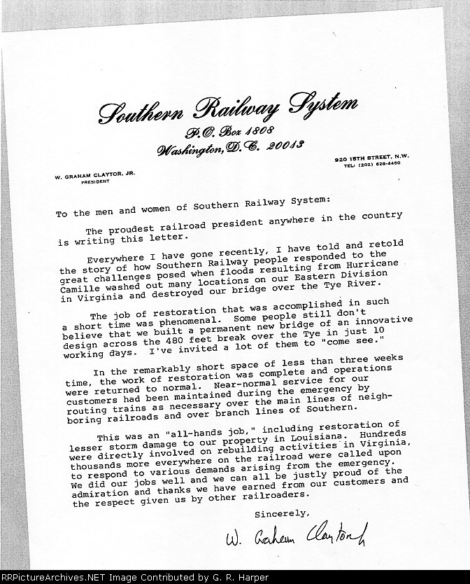 SOU Ry. president Graham Claytor, Jr.'s letter of thanks to the employees