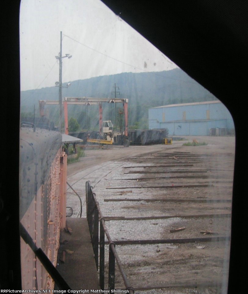 A look out the filthy windshield of the Relco switcher at Bayou Steel.