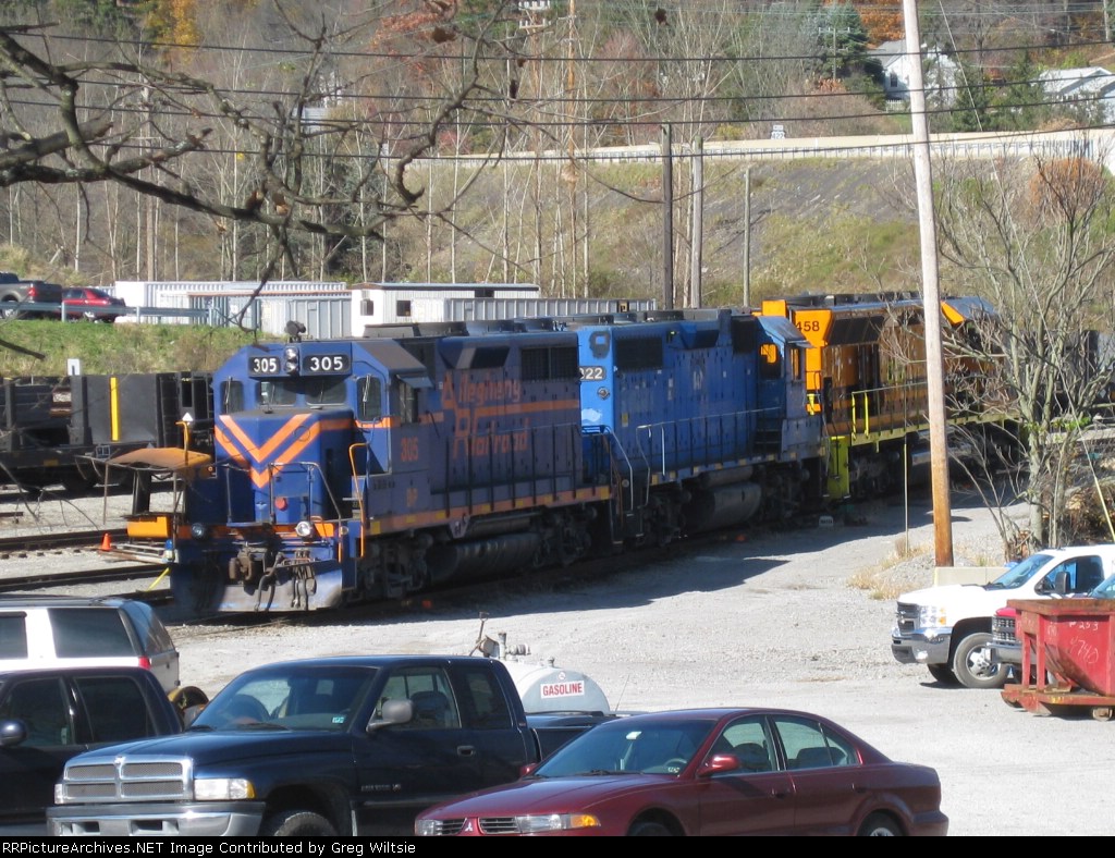 Three colorful BPRR locos wait outside the shops