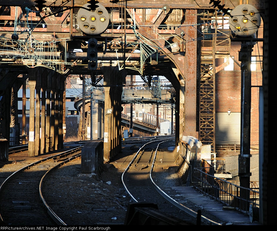 Classical Pennsy Position Light Signals guard the bridge over the Passaic River