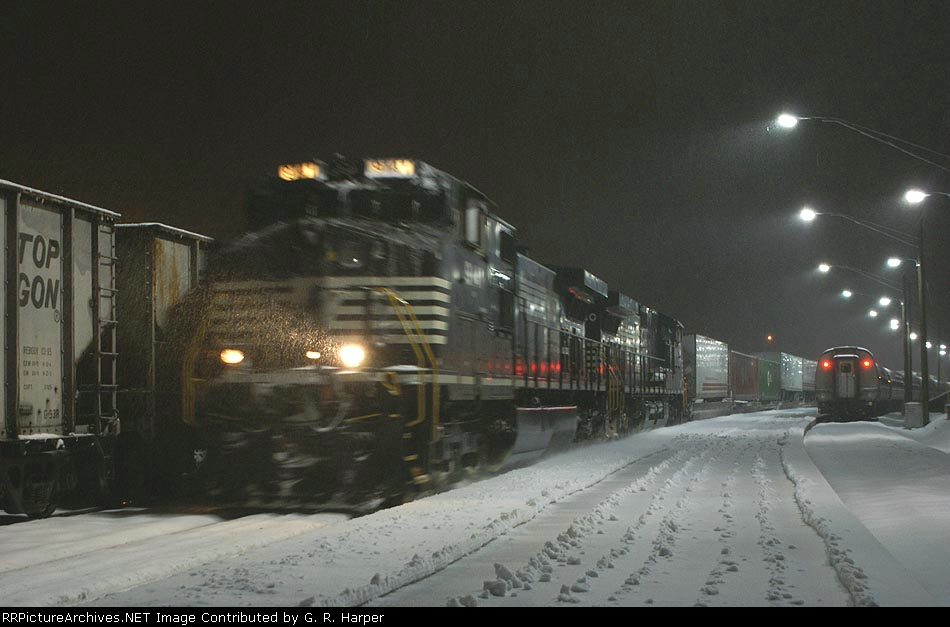 NS train 203 creeps past NS train 88M and the Lynchburg NEC Regional train