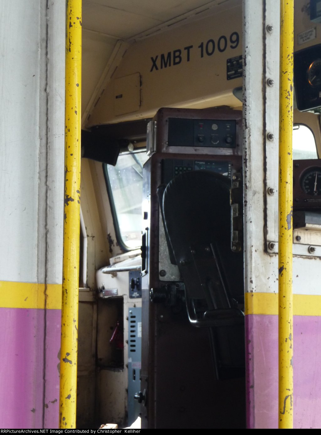 The cab interior of MBTA F40PH 1009