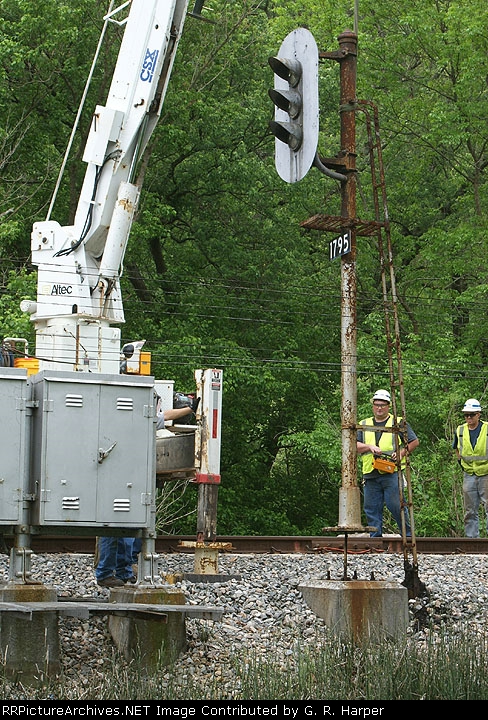 Westbound intermediate signal at "Hot Box" is lifted off its pedestal.