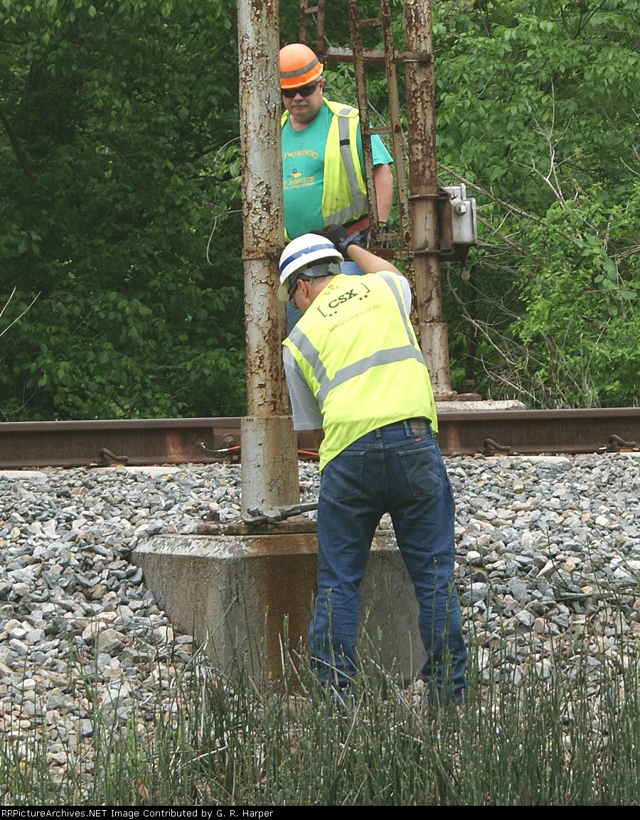 Mast of eastbound signal at "Hot Box"  MP 179.5 is unbolted from its pedestal.