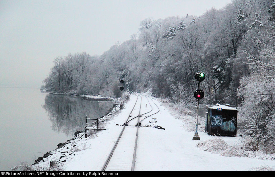 A winter wonderland after one of the season's rare snowfalls, along the banks of the Hudson River