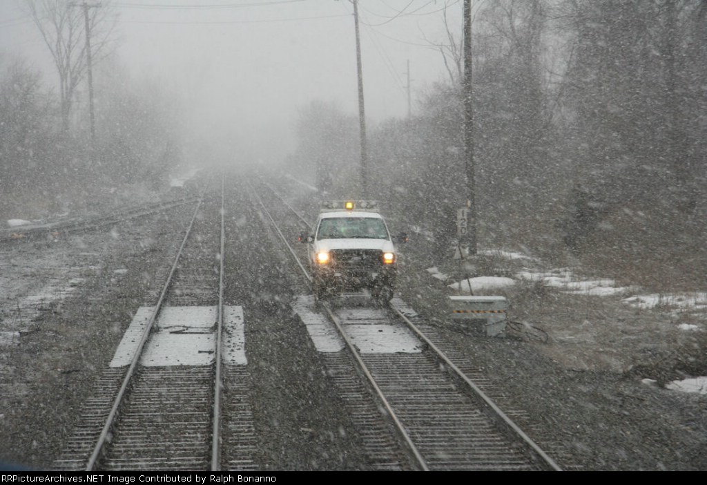 Put in the siding to wait for... a hi rail patrol! on a snowy wednesday in Feb.