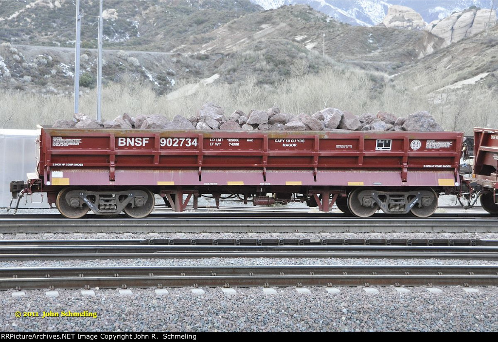 BNSF 902734 with rock load, at Cajon.  1/4/2011