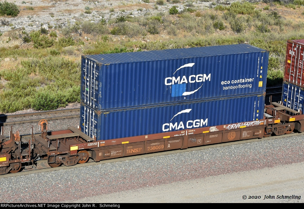 BNSF 238069 with Containers at Cajon CA. 5/27/2020