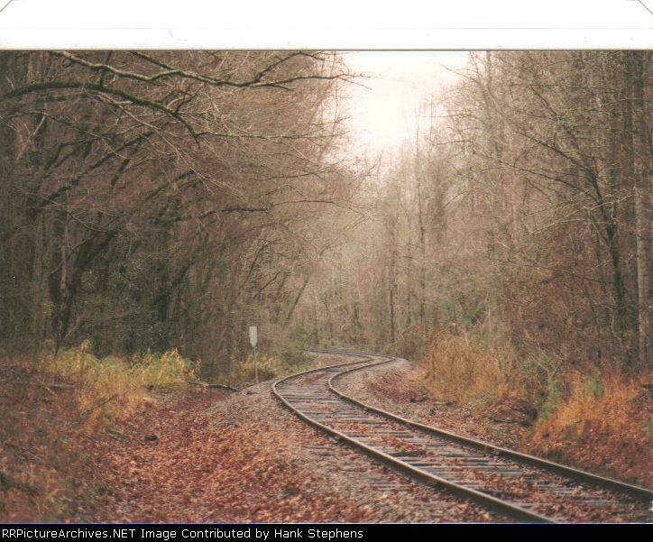 PICTURE EIGHT--Scenic "s" curve on the Lafayette Branch.  The local is rumbling in th distance at yard speed.
