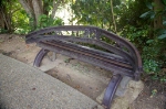 Interesting bench made of rail, wheels and anchor clips
