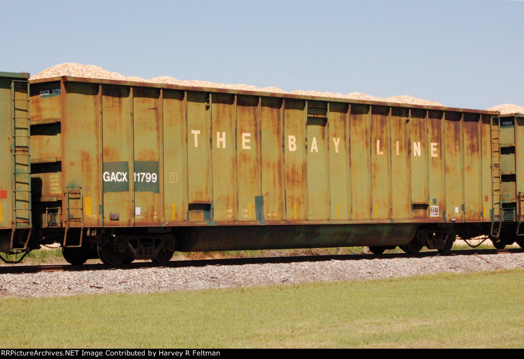GACX #11799, in Bay Line Railroad woodchip service, on the Abbeville & Grimes 