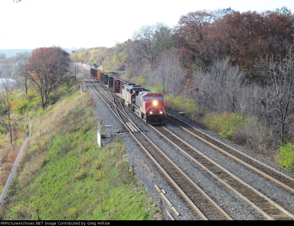 CN freight with two units heads out from Hamilton