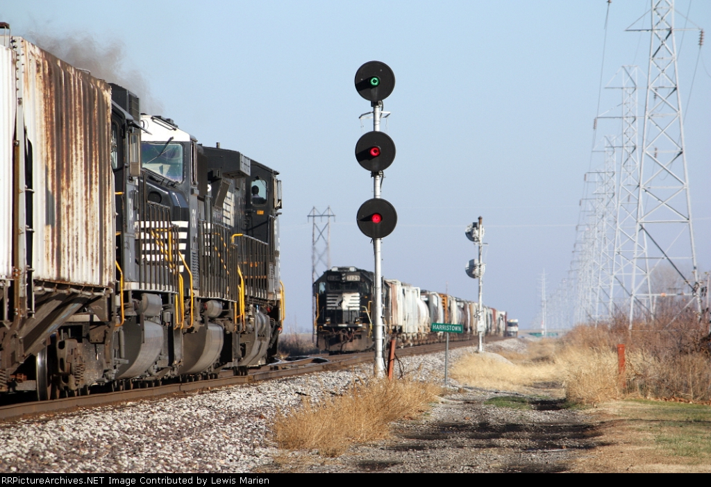 NS 398 meets two westbounds at Harristown