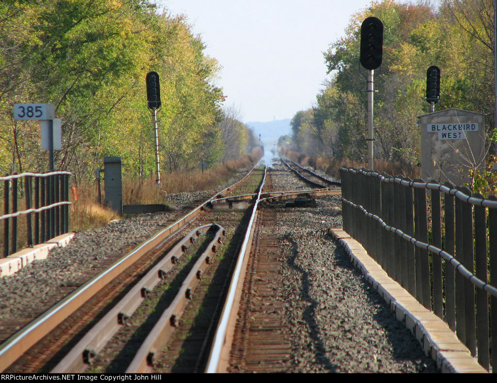 111009050 CP River Sub. mainline looking east at Blackbird West Siding Switch and Vermillion River Bridge