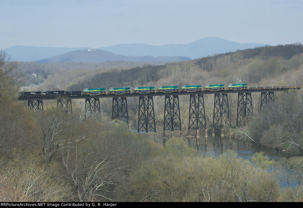 Vale Mining export units en route to Norfolk, VA, crossing the James River at Lynchburg.