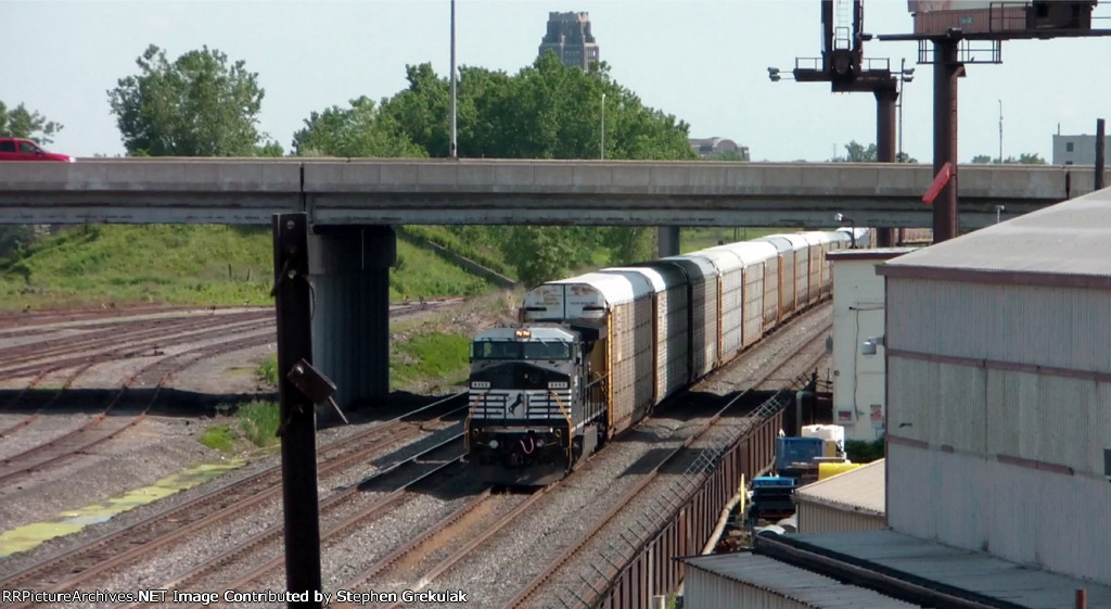 NS Autorack with the Buffalo Central Terminal's tower in the Distance