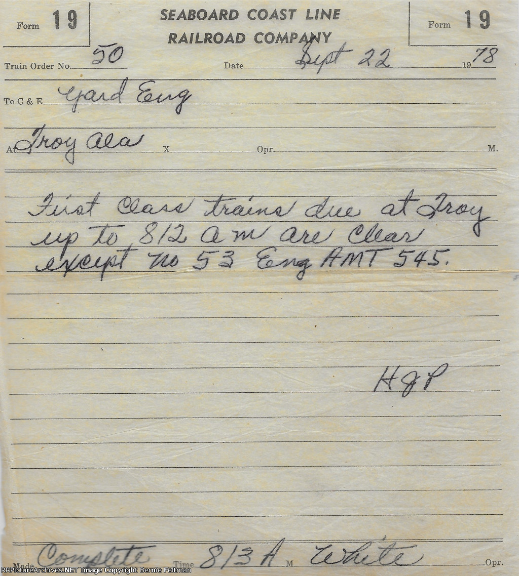 Seaboard Coast Line train order #50, made complete at 8:13bm and addressed to the Troy Yard Engine,