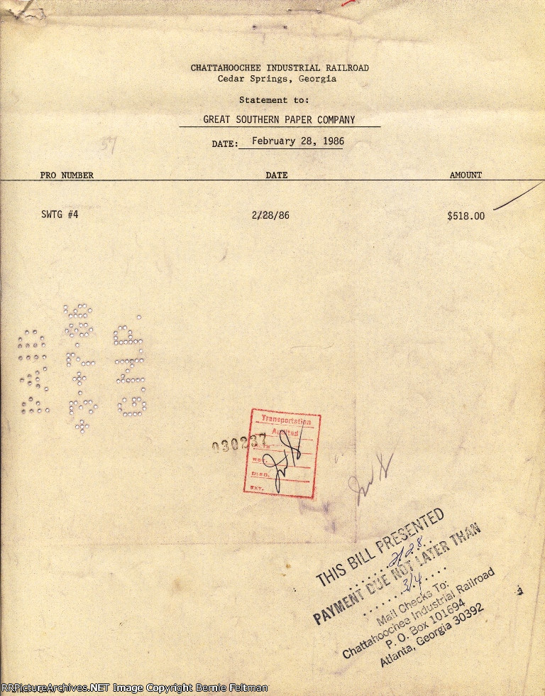 Invoice for switching charges from Chattahoochee Industrial Railroad to Great Southern Paper Company 