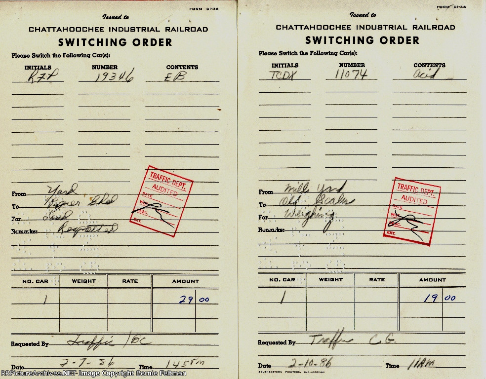 A pair of switching orders for the Chattahoochee Industrial Railroad to perform at Great Southern Paper 