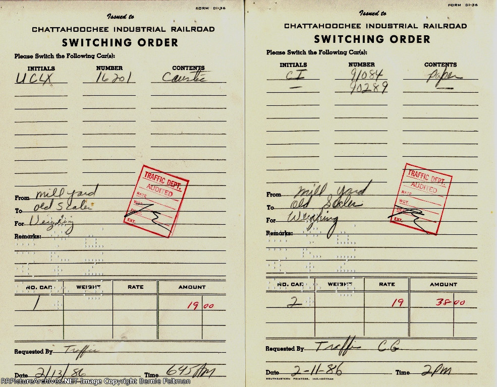 A pair of Switching Orders for the Chattahoochee Industrial Railroad to perform at Great Southern Paper Company 