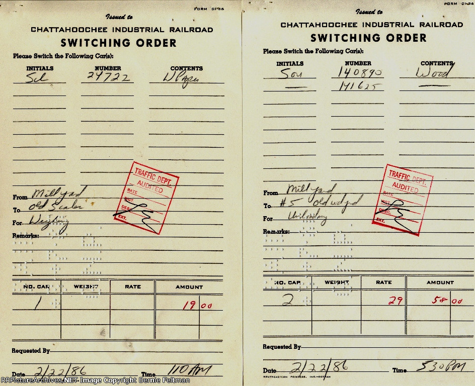 A pair of Switching Orders for the Chattahoochee Industrial Railroad to perform at Great Southern Paper Company 
