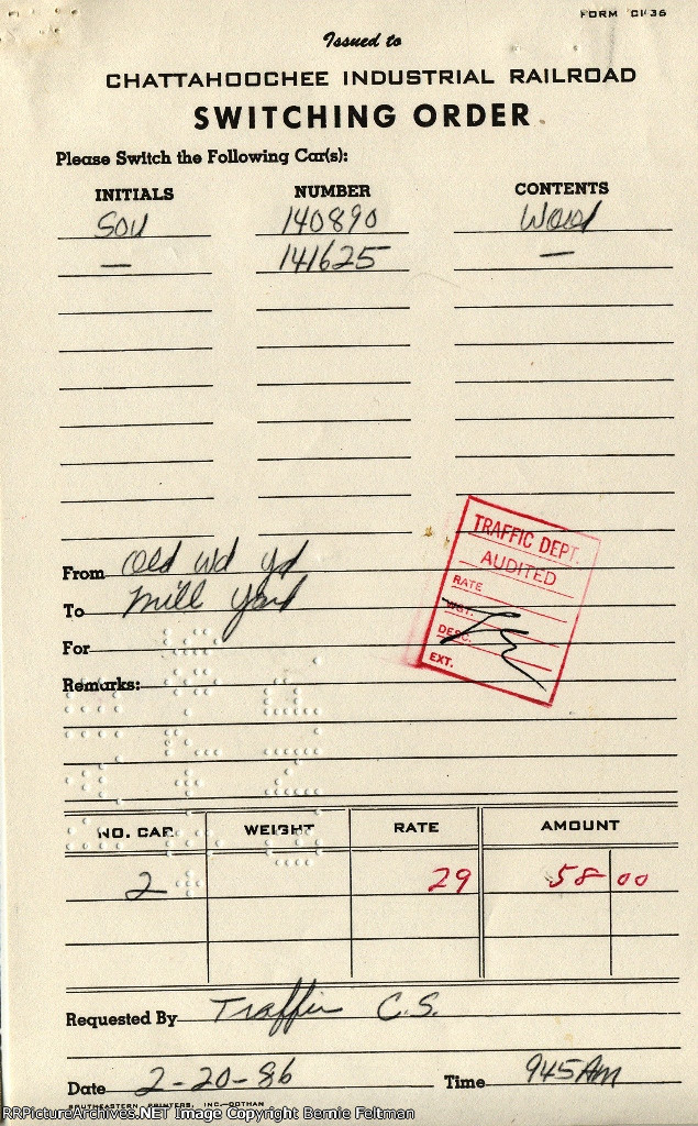 Switching Order for Chattahoochee Industrial Railroad to perform at Great Southern Paper Company