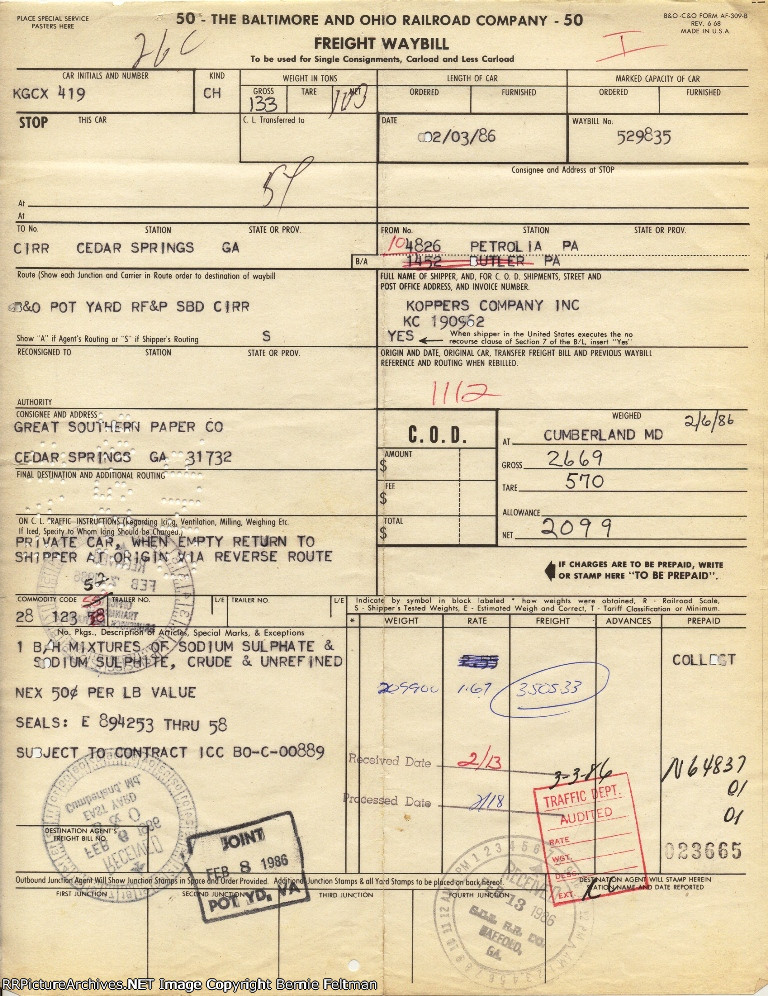 Waybill for KGCX #419, a covered hopper containing sodium, loaded by the Koppers Company 