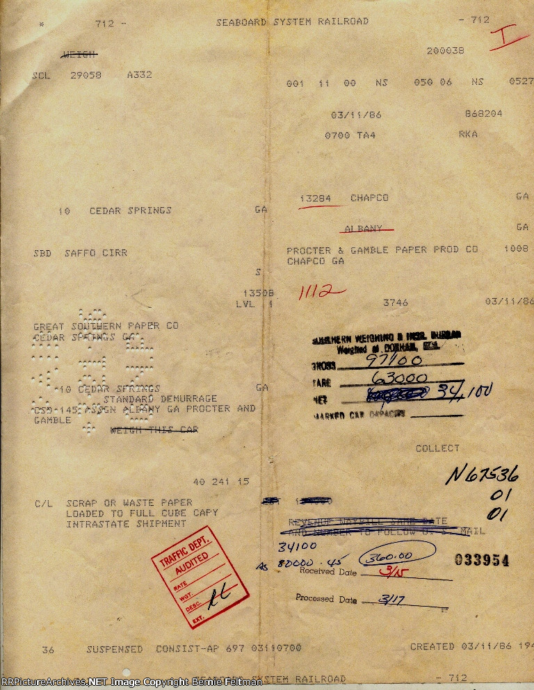 Waybill for movemlnt of 34,100 pounds of scrap paper in Seaboard Coast Line box car #29058 to Cedar Springs, GA$from Procter & Gamble 