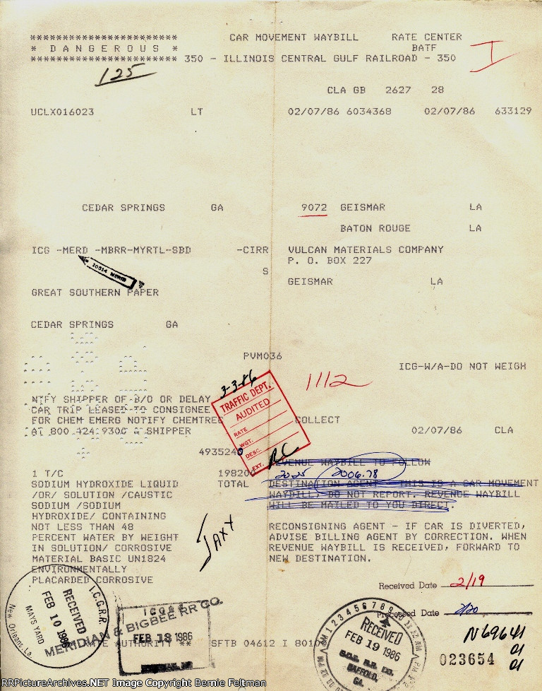 Waybill for movement of UCLX #16023 to Cedar Springs, GA from loading point 