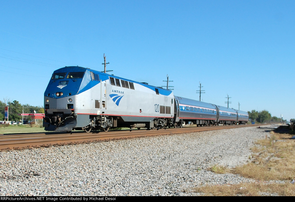 Amtrak P-42DC #120 leads a westbound qualifying run across Maifeld Rd. In preparation for the new service between Norfolk & Richmond, scheduled to start soon
