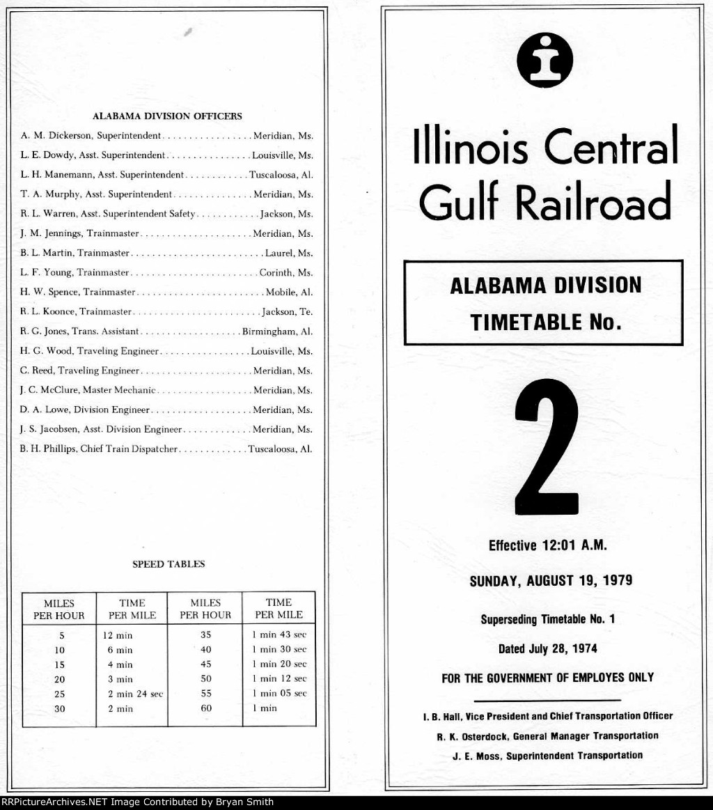 ICG Alabama Division employee timetable dated 8-19-1979