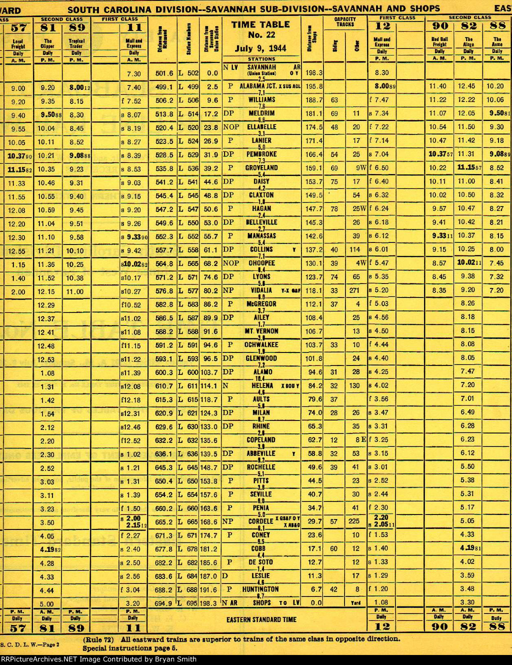 SAL South Carolina Division employee timetable dated 7/9/1944.