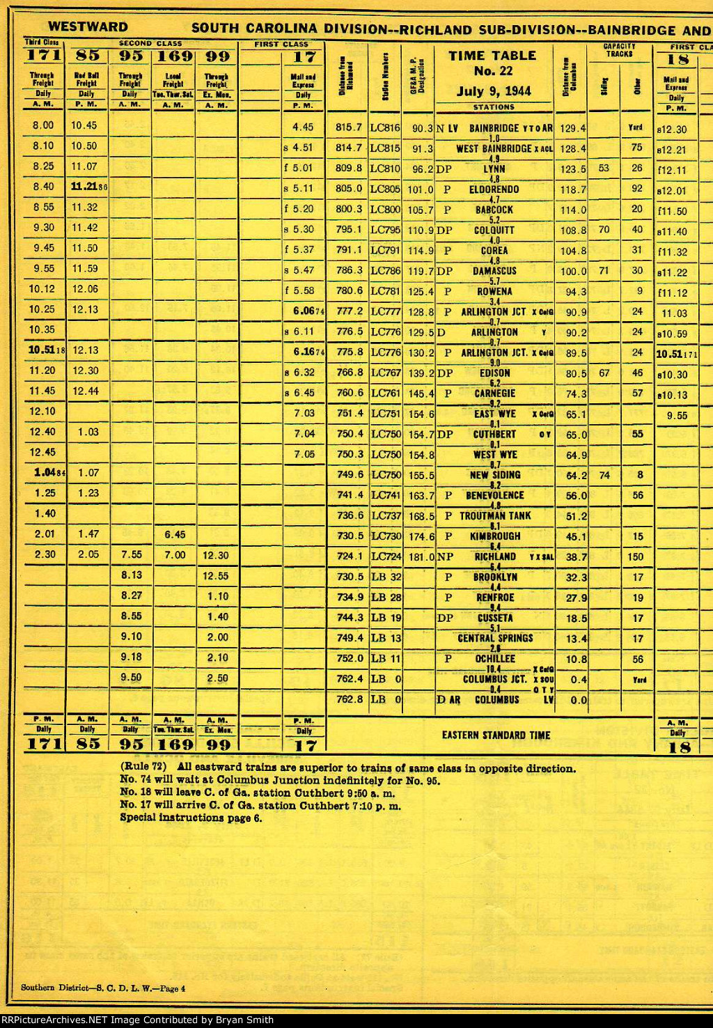SAL South Carolina Division employee timetable dated 7/9/1944.