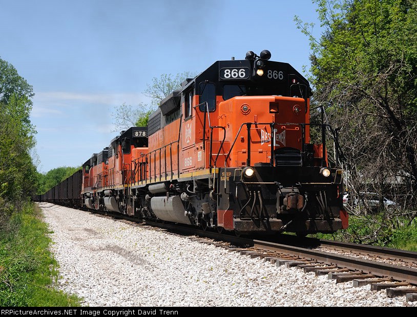 Southbound B&LE 866 leads sisters 878 and 867 pull their loads south towards Albion 