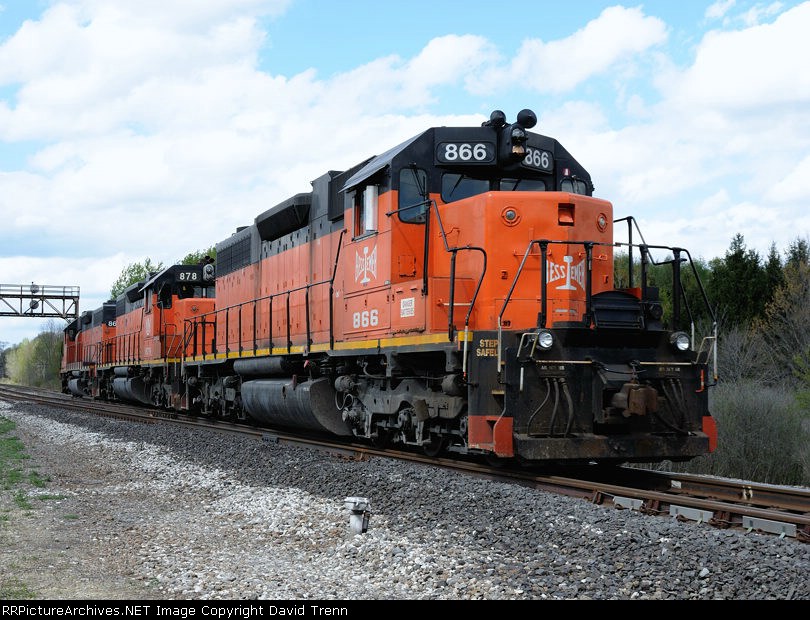 A going away shot of the "Three Amigos" B&LE SD38s 867, 878 & 866 at Sandt Jct on their Northbound journey