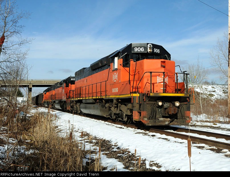 Southbound B&LE 906, 902 & 907 pass under the Rt 322 bridge with 14 loads of ore