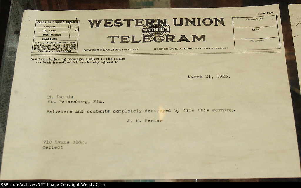 Telegram stating the Bevedere Hotel had burned down.