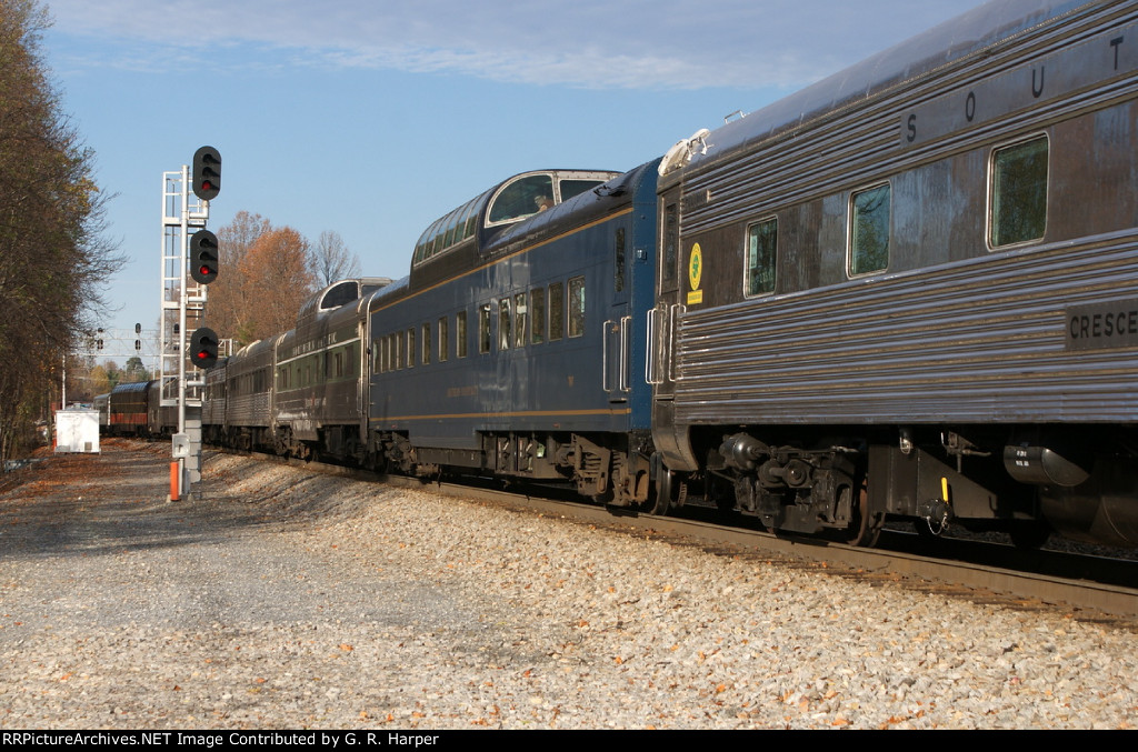 Southern herald on ex Southern rail!   Private cars pass the northbound signals at Falwell