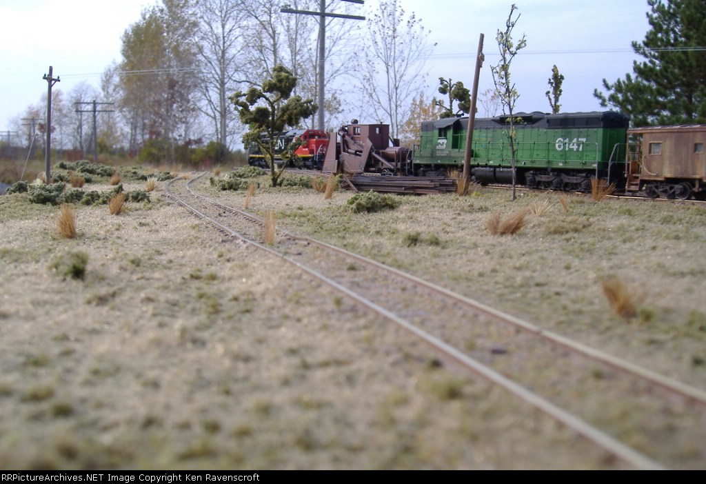 BN MOW crew waiting in the siding for the CN frieght to pass.