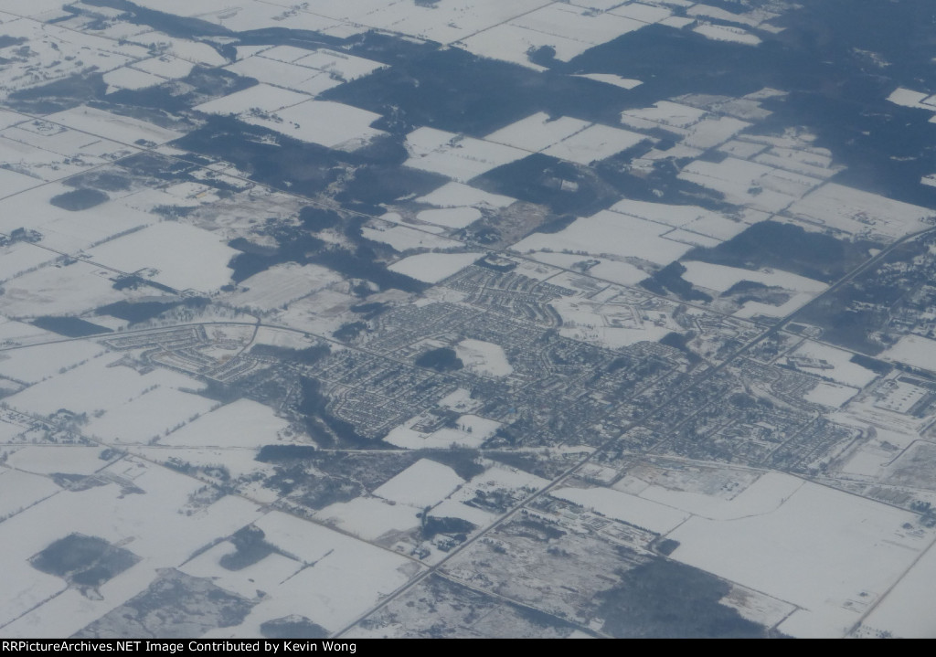 Shelburne, Ontario (former rail line to Owen Sound curving at center)